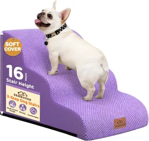3-Step Dog Stairs for Small Dogs 16" H, Curved Pet Steps for Old/Injured Dogs Cats Climbing Bed, Chair or Couch, Premium Foam Non-Slip Ramp for Indoor Pets up to 50lbs, Purple