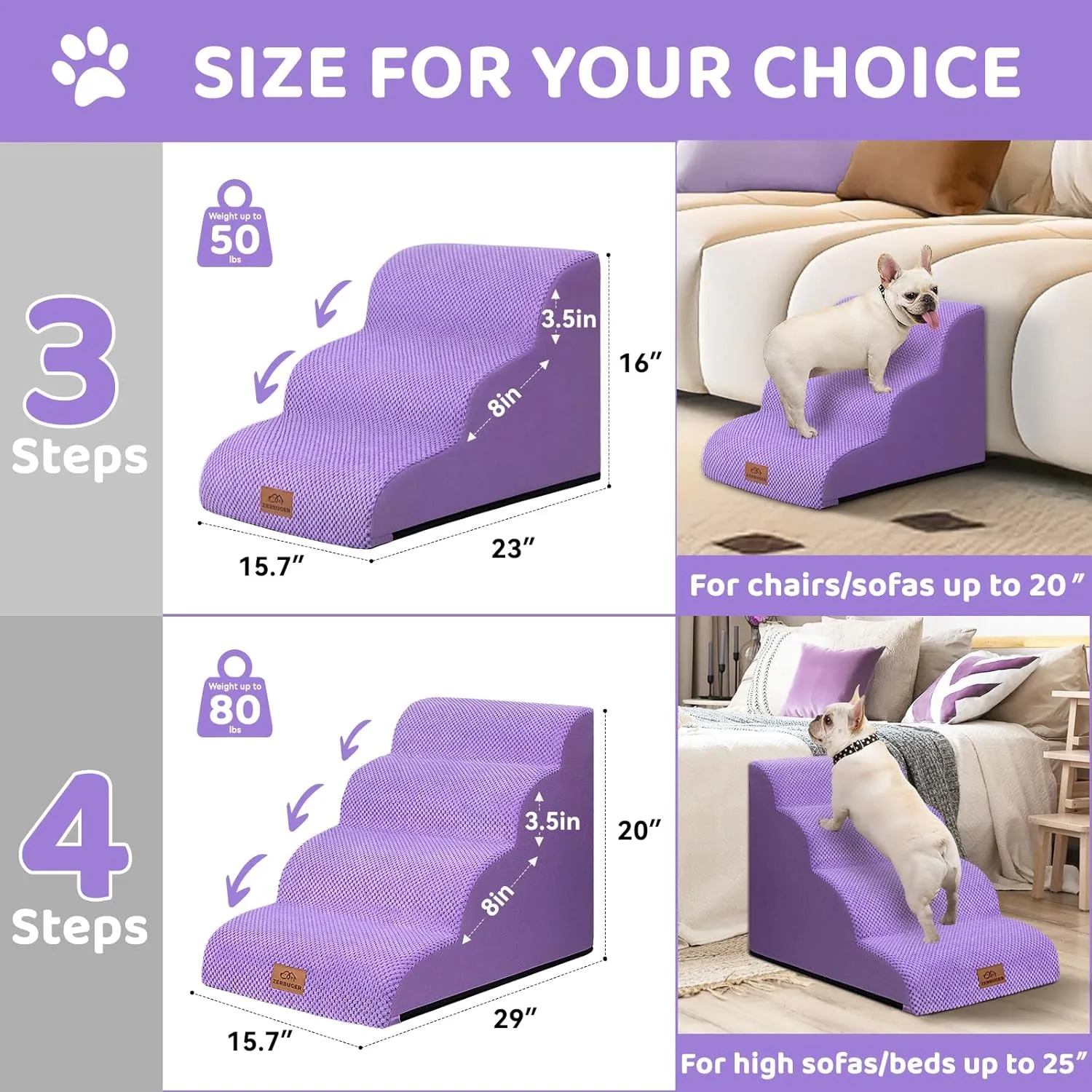 3-Step Dog Stairs for Small Dogs 16" H, Curved Pet Steps for Old/Injured Dogs Cats Climbing Bed, Chair or Couch, Premium Foam Non-Slip Ramp for Indoor Pets up to 50lbs, Purple