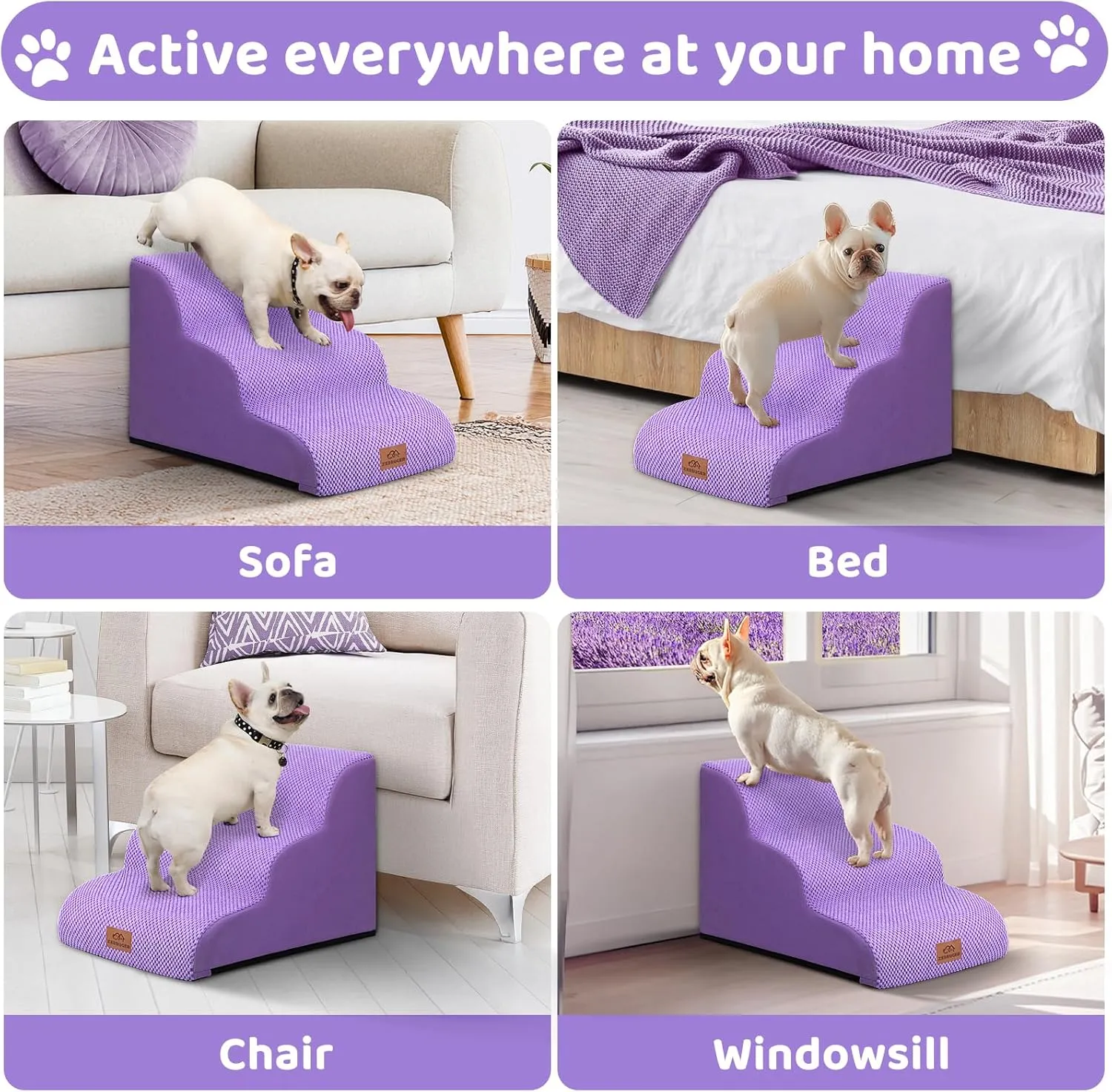 3-Step Dog Stairs for Small Dogs 16" H, Curved Pet Steps for Old/Injured Dogs Cats Climbing Bed, Chair or Couch, Premium Foam Non-Slip Ramp for Indoor Pets up to 50lbs, Purple