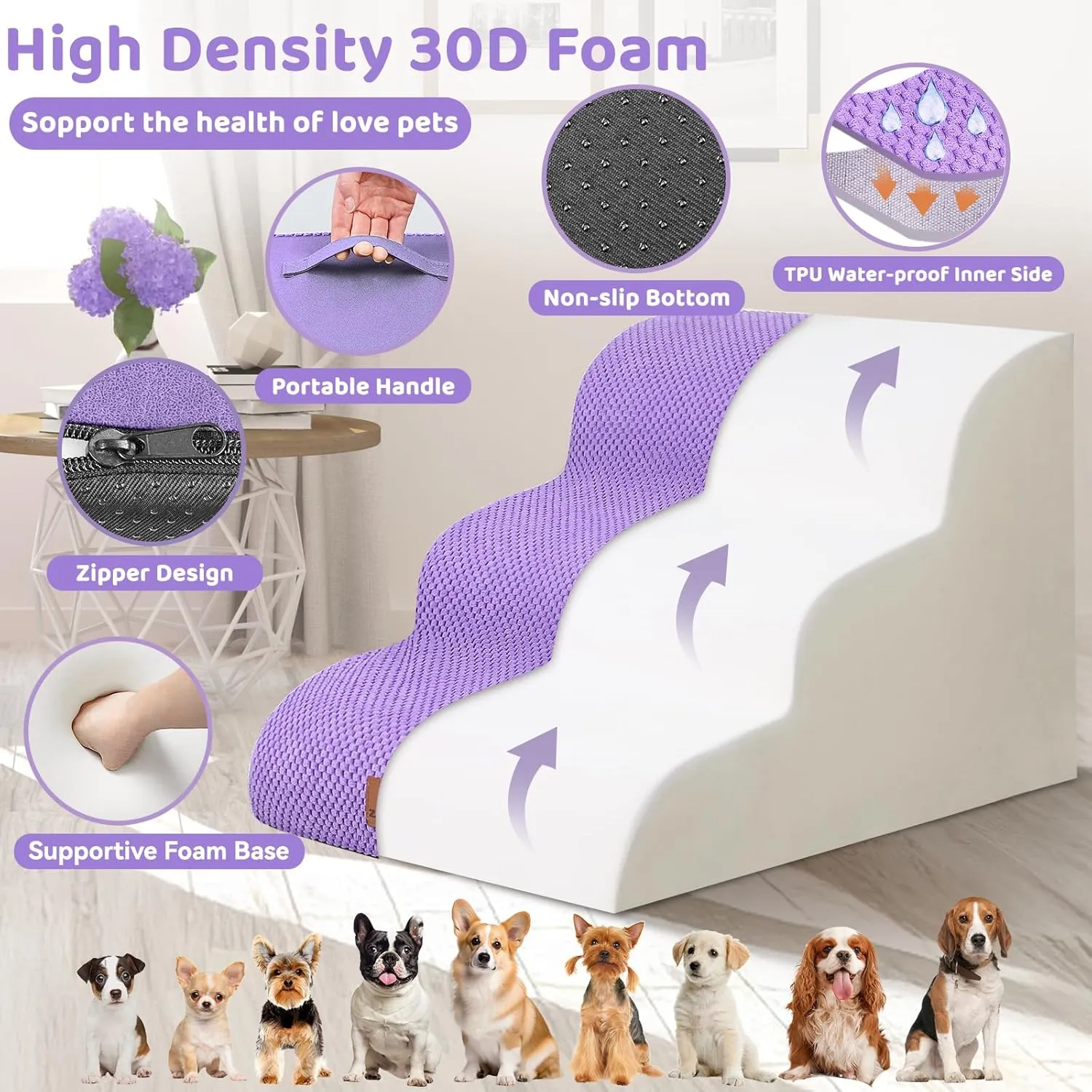 3-Step Dog Stairs for Small Dogs 16" H, Curved Pet Steps for Old/Injured Dogs Cats Climbing Bed, Chair or Couch, Premium Foam Non-Slip Ramp for Indoor Pets up to 50lbs, Purple