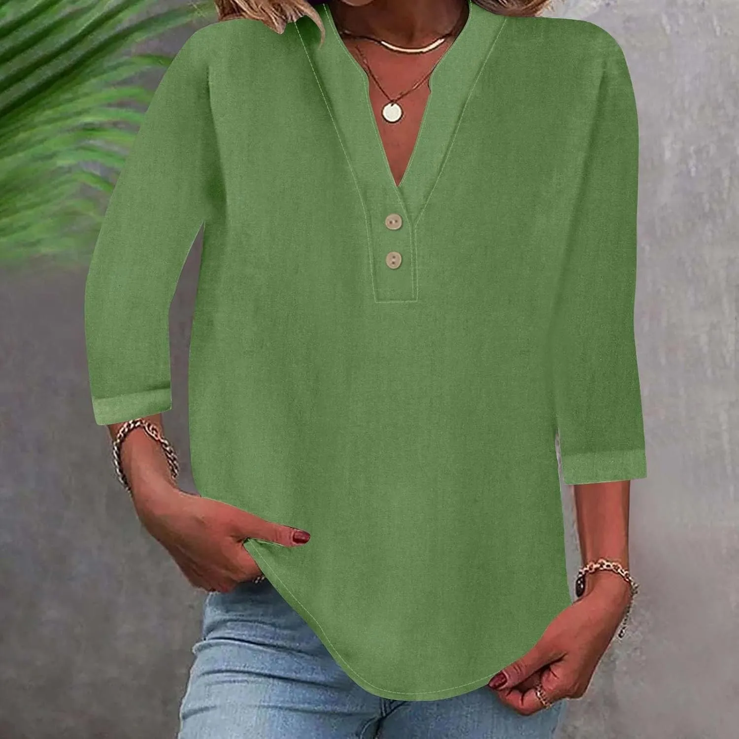 3/4 Sleeve Linen Tops for Women 2025 Button Down V Neck Loose Fit Henley Shirts Cute Solid Summer Beach Tees Shirt