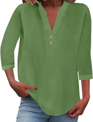 3/4 Sleeve Linen Tops for Women 2025 Button Down V Neck Loose Fit Henley Shirts Cute Solid Summer Beach Tees Shirt