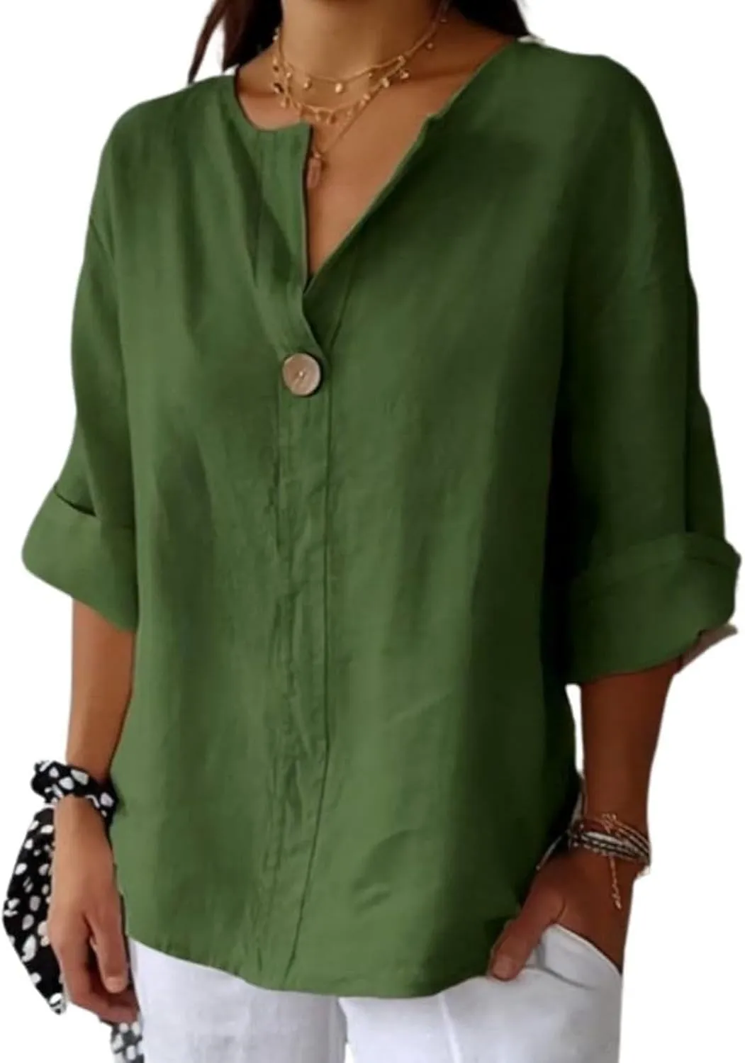 3/4 Sleeve Spring Tops for Women Summer Casual Loose Comfy V Neck Pullover Tops Beach Vacation Linen Shirts Blouses
