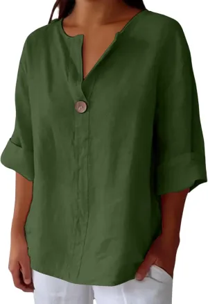 3/4 Sleeve Spring Tops for Women Summer Casual Loose Comfy V Neck Pullover Tops Beach Vacation Linen Shirts Blouses