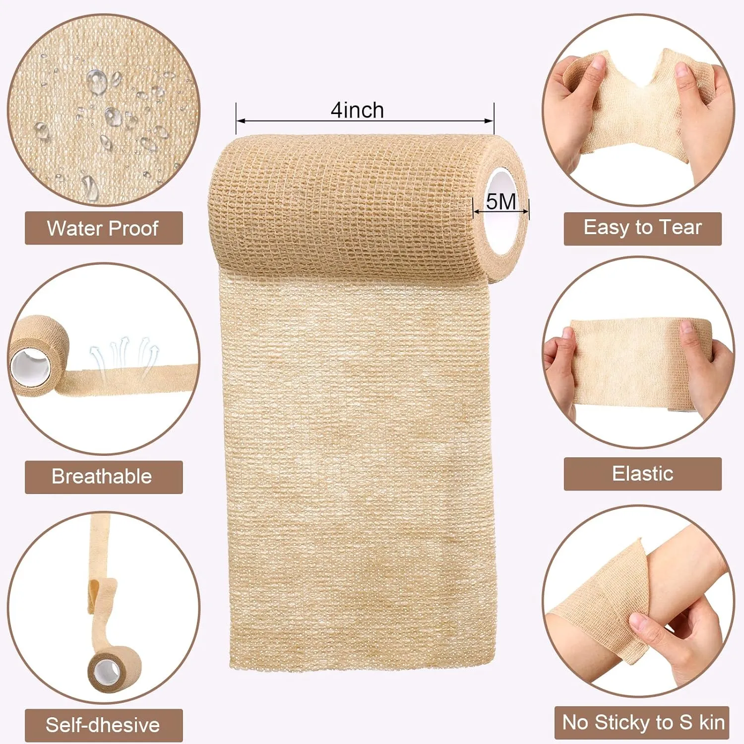 36 Pcs Self Adherent Bandage Wrap Breathable Cohesive Bandage Elastic Adhesive Tape for Stretch Athletic Sports Wrist Ankle, 4 Inch x 5 Yard (Nude)