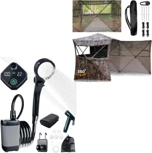 360° Hunting Blind & Portable Shower Combo–Ultimate Wilderness Survival Kit for Camping, Hunting Expeditions|All-in-One OutdoorGear Bundle (360Hunting Blind for Turkey Hunting 6000mAh Portable Shower)