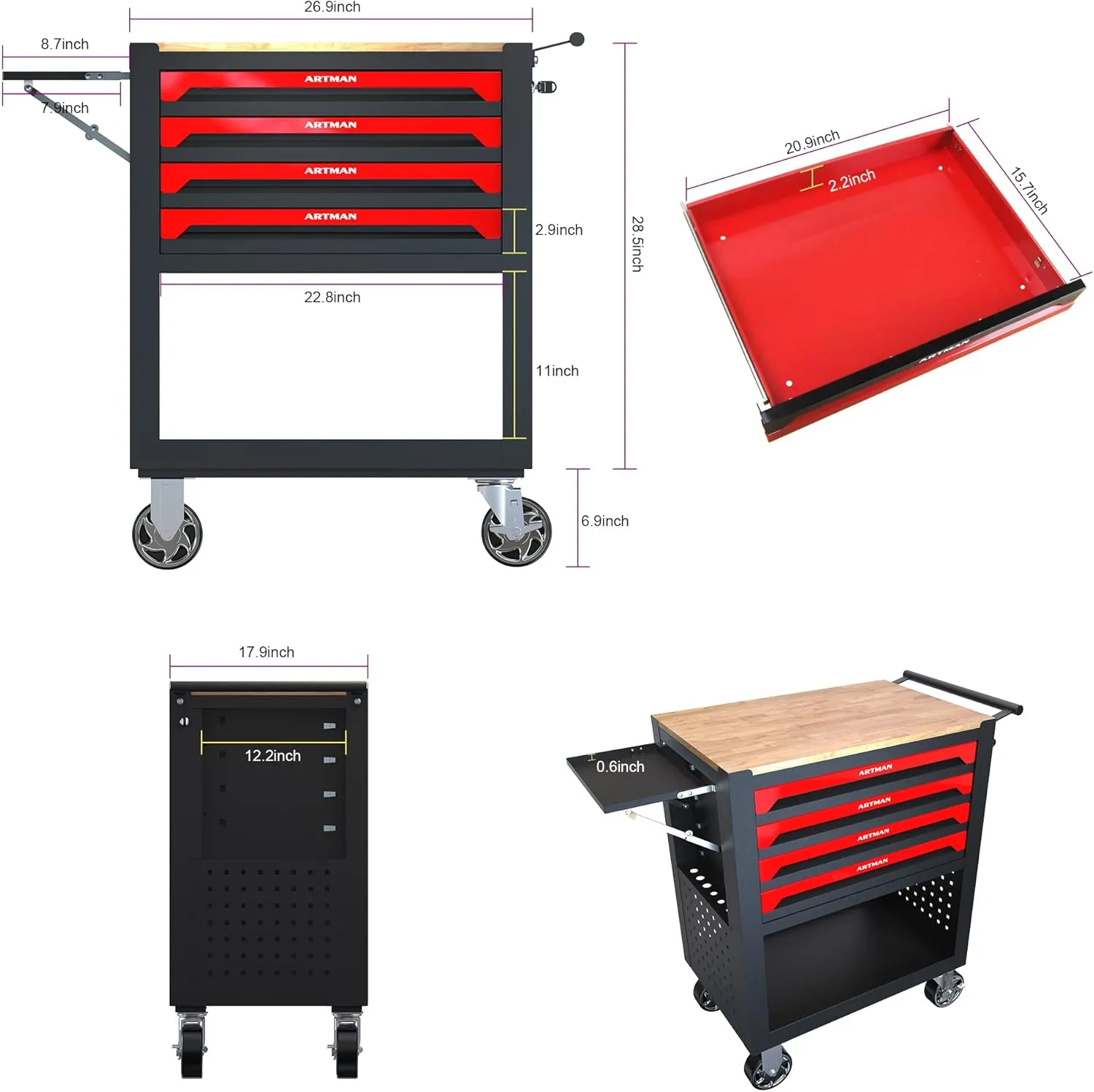 4 Drawers Tool Box with Wheels, Rolling Tool Chest Rolling Tool Cart with Drawers, Multifunction Tool Box for Mechanic Tool Cart, Tool Box Organizers and Storage for Garage, Red