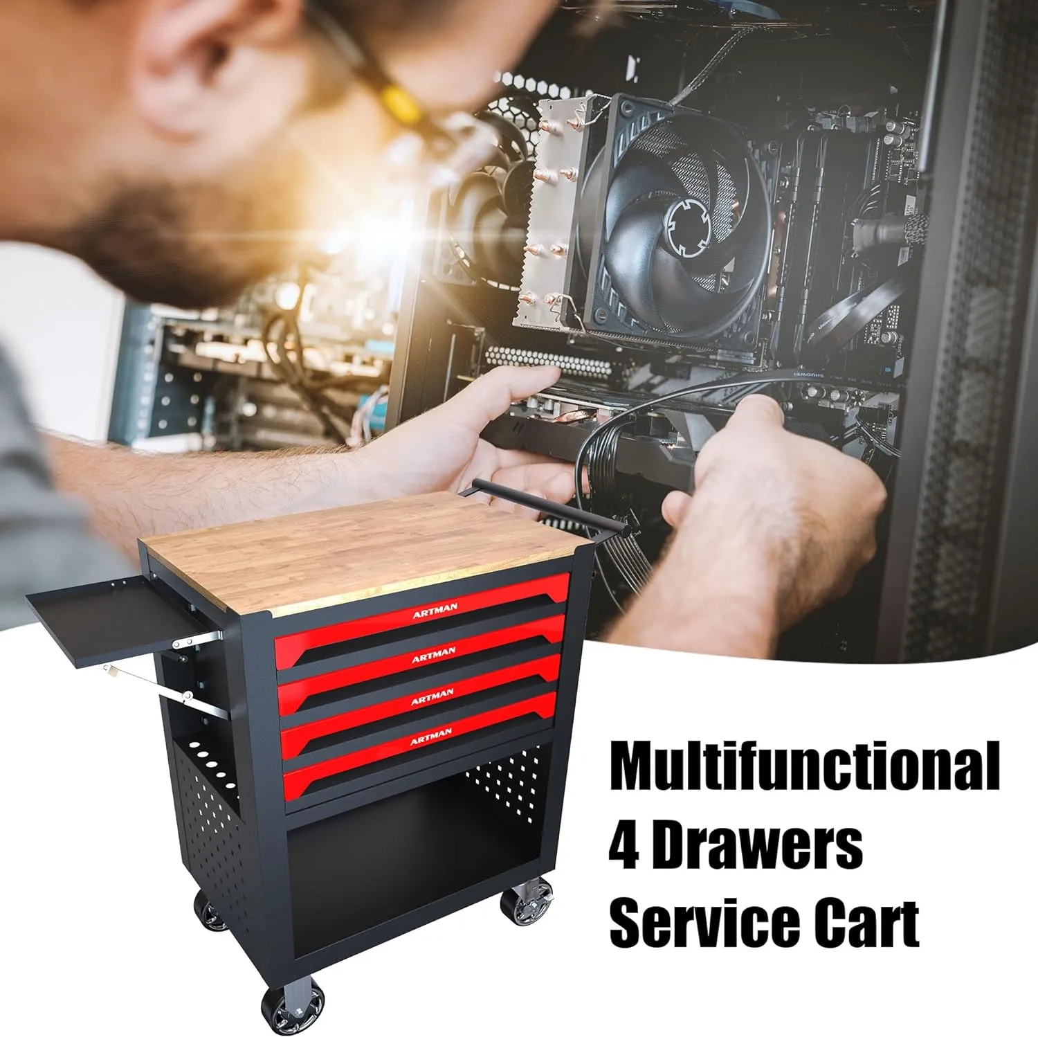 4 Drawers Tool Box with Wheels, Rolling Tool Chest Rolling Tool Cart with Drawers, Multifunction Tool Box for Mechanic Tool Cart, Tool Box Organizers and Storage for Garage, Red