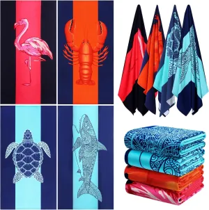 4 Packs Oversized Terry Beach Towel Set, 36 x 72 in Soft Extra Large Clearance Pool Swim Towels for Adult Women Gift Big Travel Blanket Cruise Vacation Accessories Essentials Gear Stuff Shark Turtle