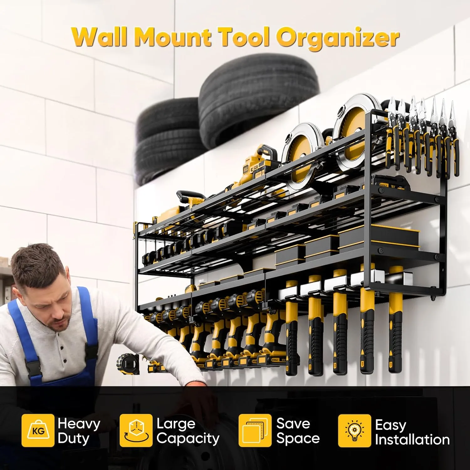 49" W Large Power Tool Organizer Wall Mount Supports 600 lb, Heavy Duty 4-Tier 12 Cordless Drills Holder, Tool Storage Utility Racks, Tool Battery Shelf for Garage Basement and Workbench