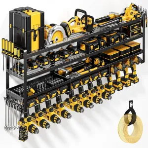 49" W Large Power Tool Organizer Wall Mount Supports 600 lb, Heavy Duty 4-Tier 12 Cordless Drills Holder, Tool Storage Utility Racks, Tool Battery Shelf for Garage Basement and Workbench