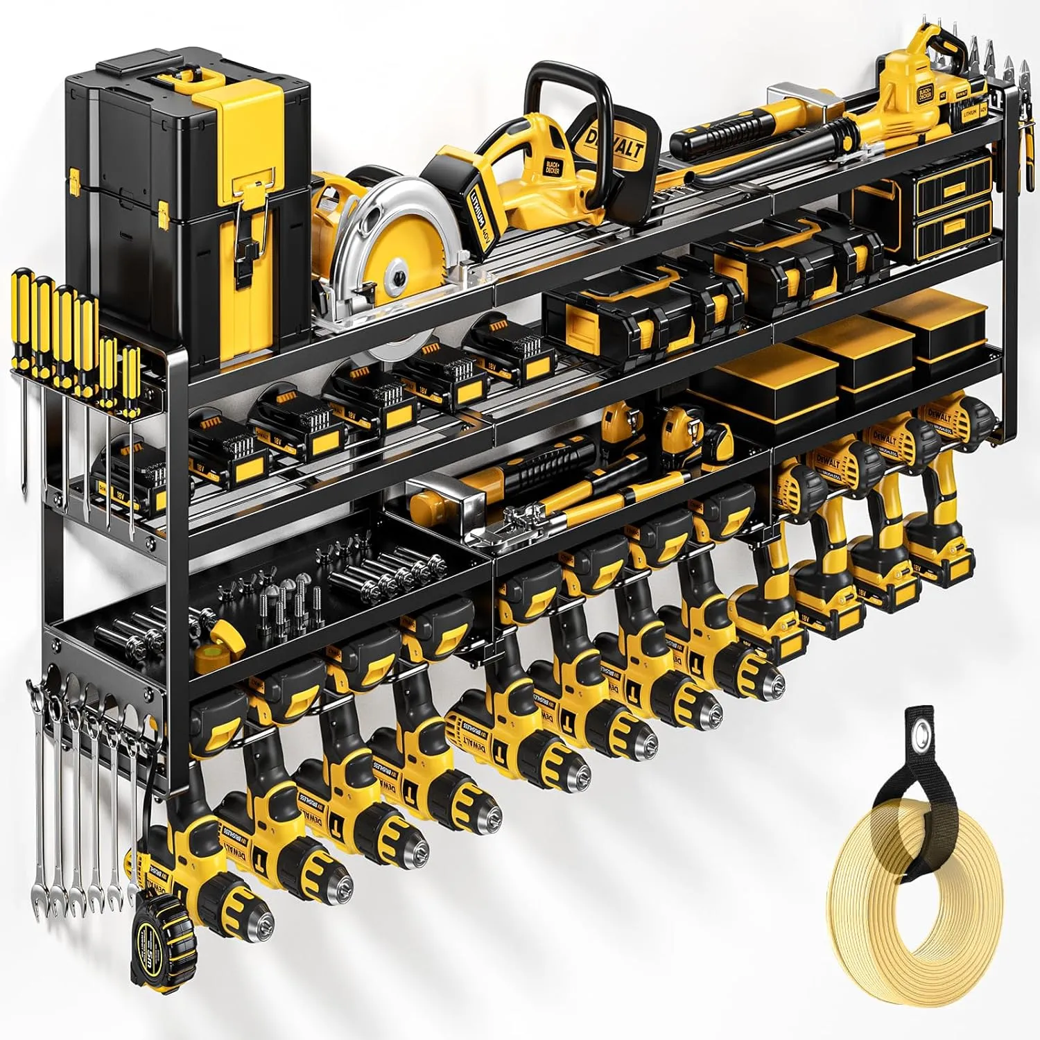 49" W Large Power Tool Organizer Wall Mount Supports 600 lb, Heavy Duty 4-Tier 12 Cordless Drills Holder, Tool Storage Utility Racks, Tool Battery Shelf for Garage Basement and Workbench
