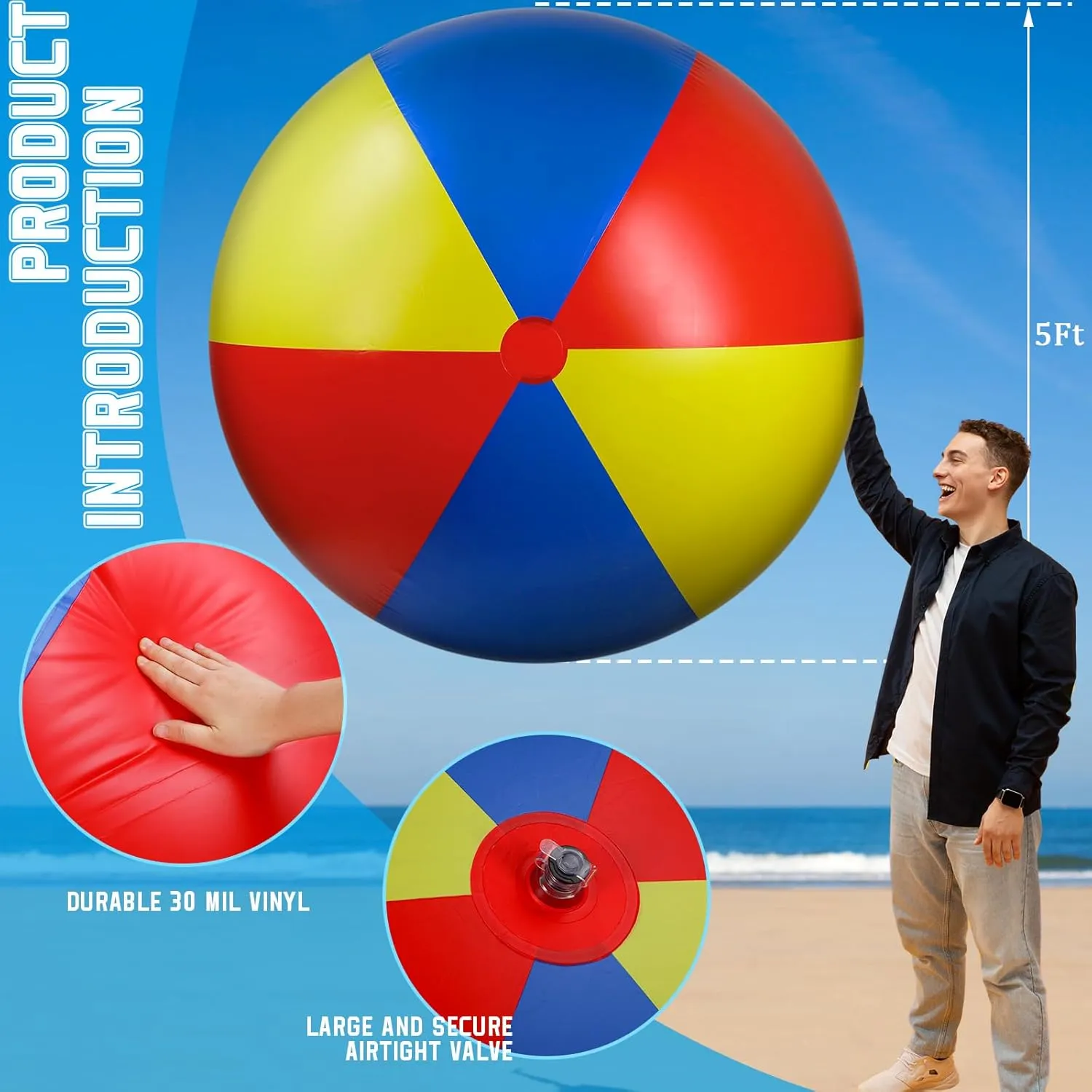 5 ft or 5.9 ft Giant Inflatable Beach Ball Jumbo Rainbow Ball Extra Large Inflatable Toys for Pool Summer Beach Pool Event Party Massive Games