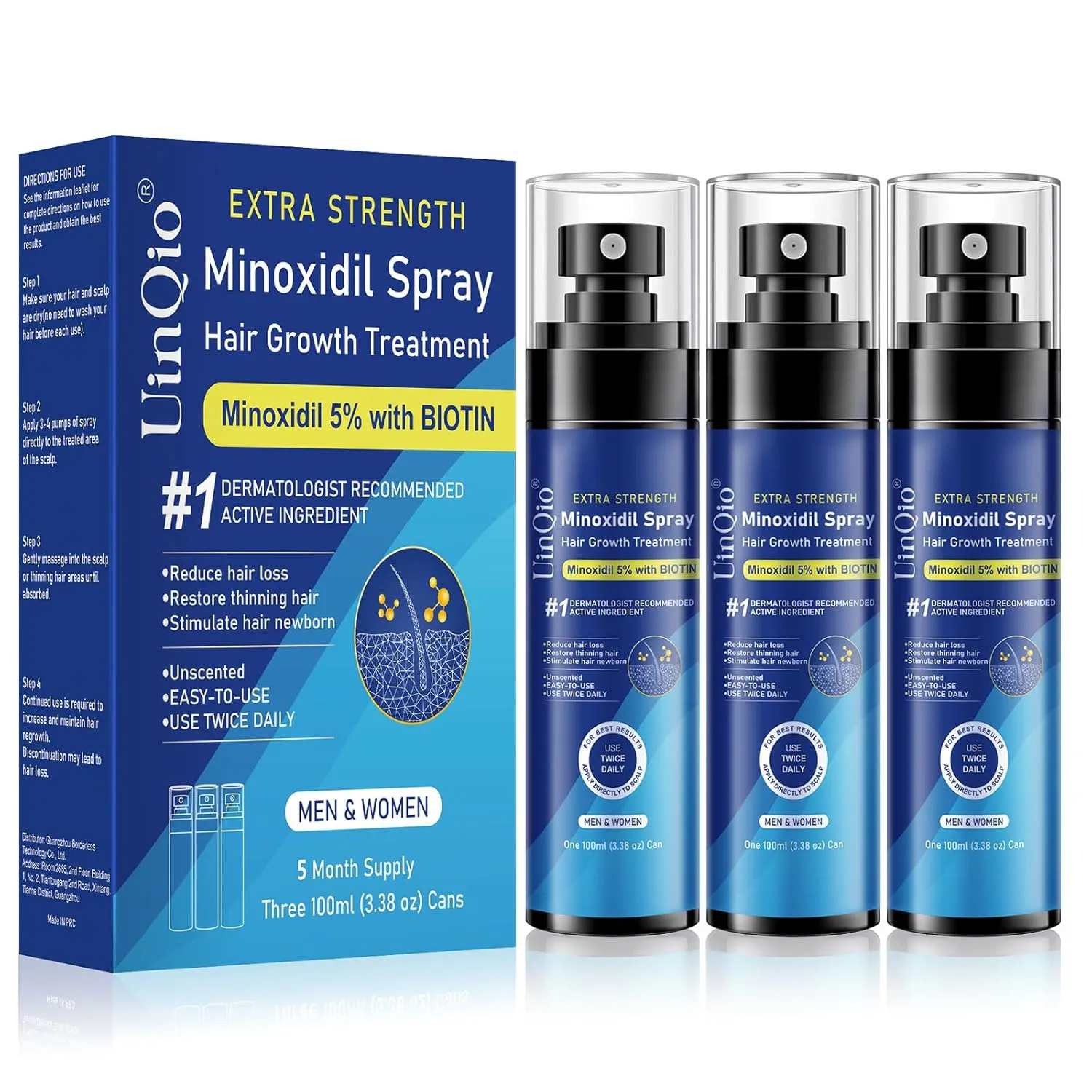 5% Minoxidil Hair Growth Serum, Infused with Biotin, Minoxidil Spray for Hair Regrowth Treatment, Beard Growth, Extra Strength Treatment to Combat Hair Loss and Thinning, 5 Month Supply, 3 x 3.38 oz