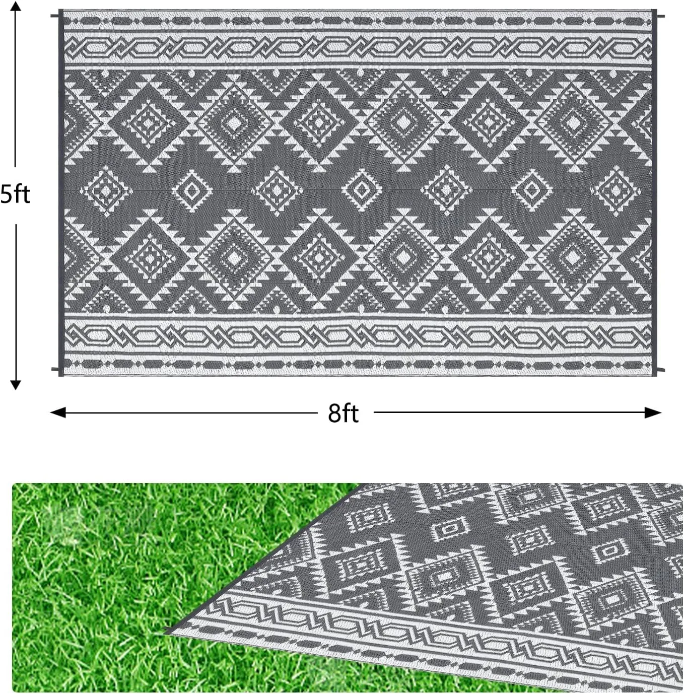 5' x 8' Reversible Mats, Plastic Straw Rug, Modern Area Rug, Large Floor Mat for Outdoors, RV, Patio, Backyard, Deck, Picnic, Beach, Trailer, Camping, Porch, Balcony, Bohemia Grey & White