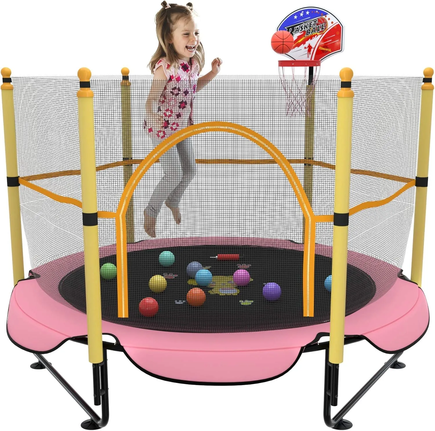 5FT Trampoline for Kids Toddler Indoor Trampoline with Safety Enclosure Net, Mini Basketball Hoop, Jumping Mat for Home Entertainment Equipment Outdoor Backyard Games