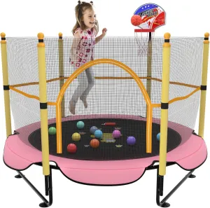 5FT Trampoline for Kids Toddler Indoor Trampoline with Safety Enclosure Net, Mini Basketball Hoop, Jumping Mat for Home Entertainment Equipment Outdoor Backyard Games