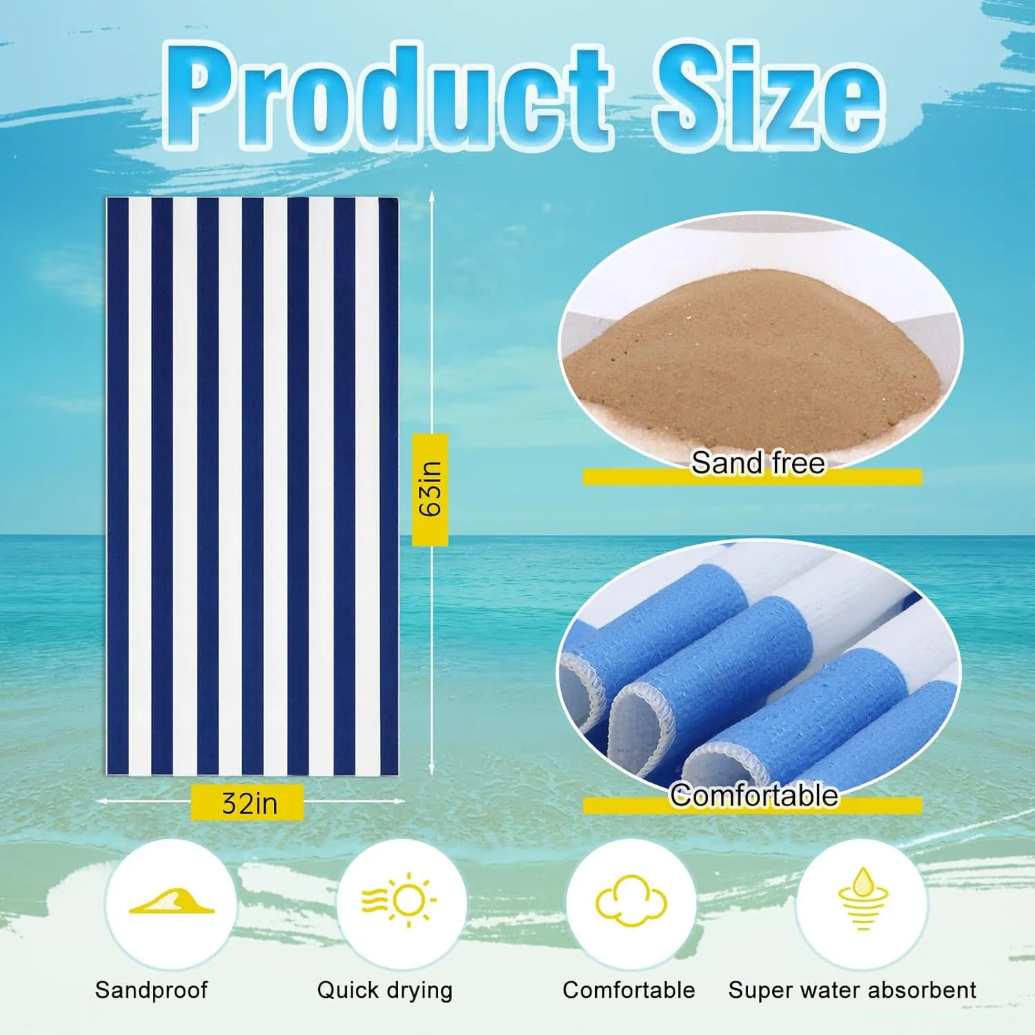 6 Pcs Oversized Beach Towel Set Large Sand Free Microfiber Bath Towel Thin Lightweight Absorbent Quick Dry Pool Towels for Adult Beach Hotel Bath Spa Picnic Yoga (Stripe,32 x 63 Inch)