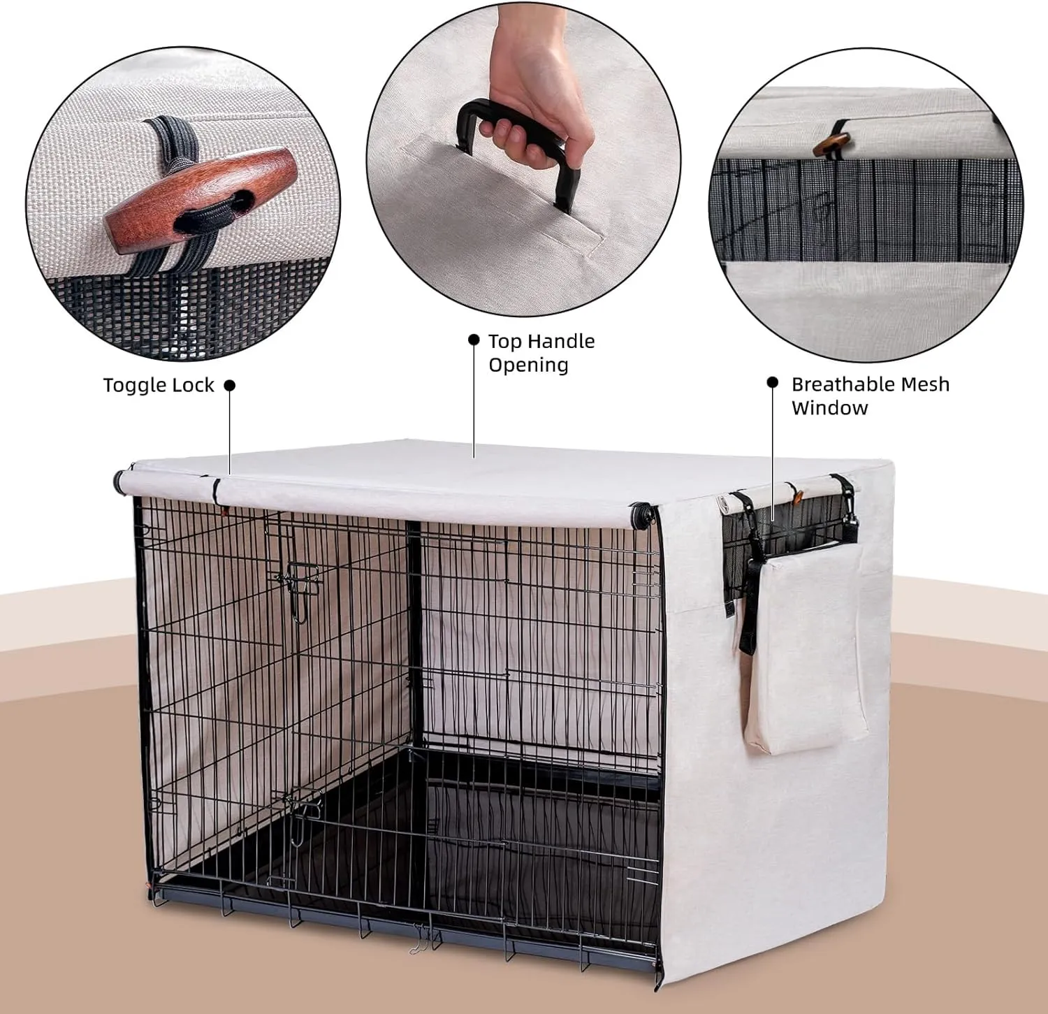 600D Dog Crate Cover, Waterproof Pet Kennel Cover with Storage Bag Fit for 36 Inch Wire Crate Dog Cage, 36 Inches, Beige
