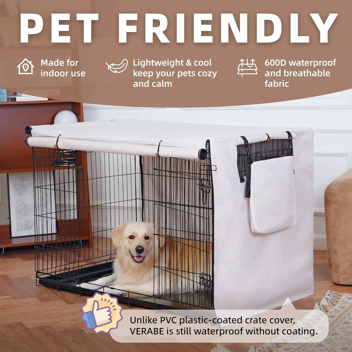 600D Dog Crate Cover, Waterproof Pet Kennel Cover with Storage Bag Fit for 36 Inch Wire Crate Dog Cage, 36 Inches, Beige