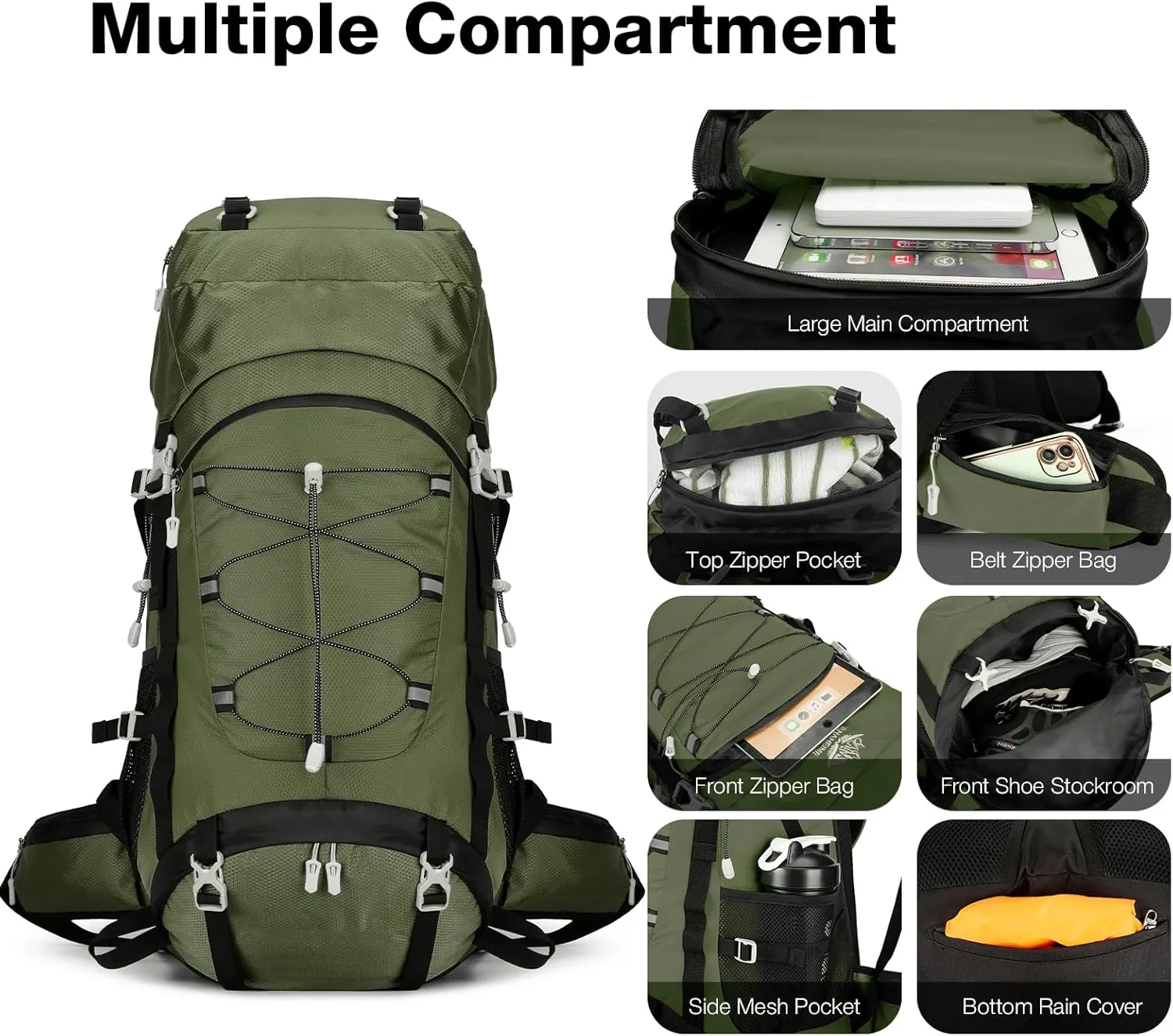 60L Hiking Backpack Men Women, Large Backpacking Backpack Packs, Waterproof Camping Bakcpacks Bag with Rain Cover, Camping Essentials for Trekking Travel, Green