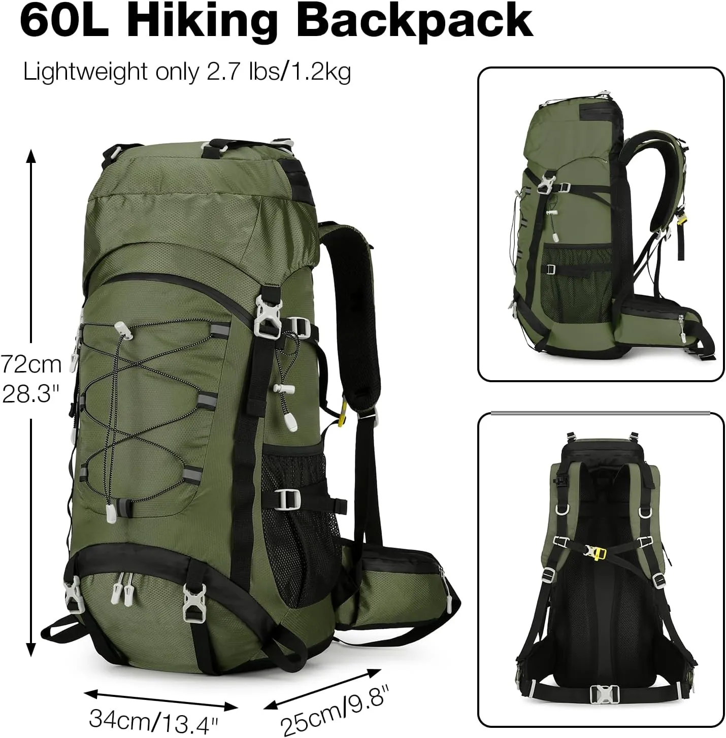 60L Hiking Backpack Men Women, Large Backpacking Backpack Packs, Waterproof Camping Bakcpacks Bag with Rain Cover, Camping Essentials for Trekking Travel, Green