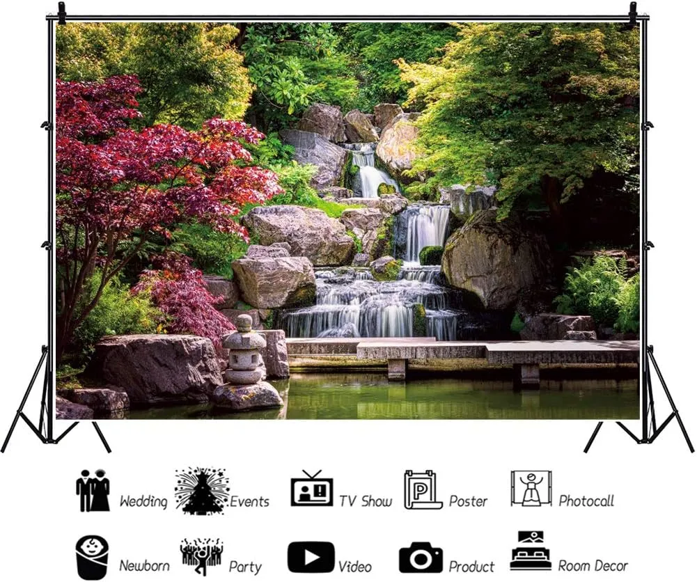 7x5ft Japan Garden Landscape Backdrop Waterfall Backdrop Maple Trees Bridge Kyoto Garden Travel Scenery Photography Background Japanese Backdrops for Photoshoot