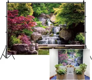7x5ft Japan Garden Landscape Backdrop Waterfall Backdrop Maple Trees Bridge Kyoto Garden Travel Scenery Photography Background Japanese Backdrops for Photoshoot