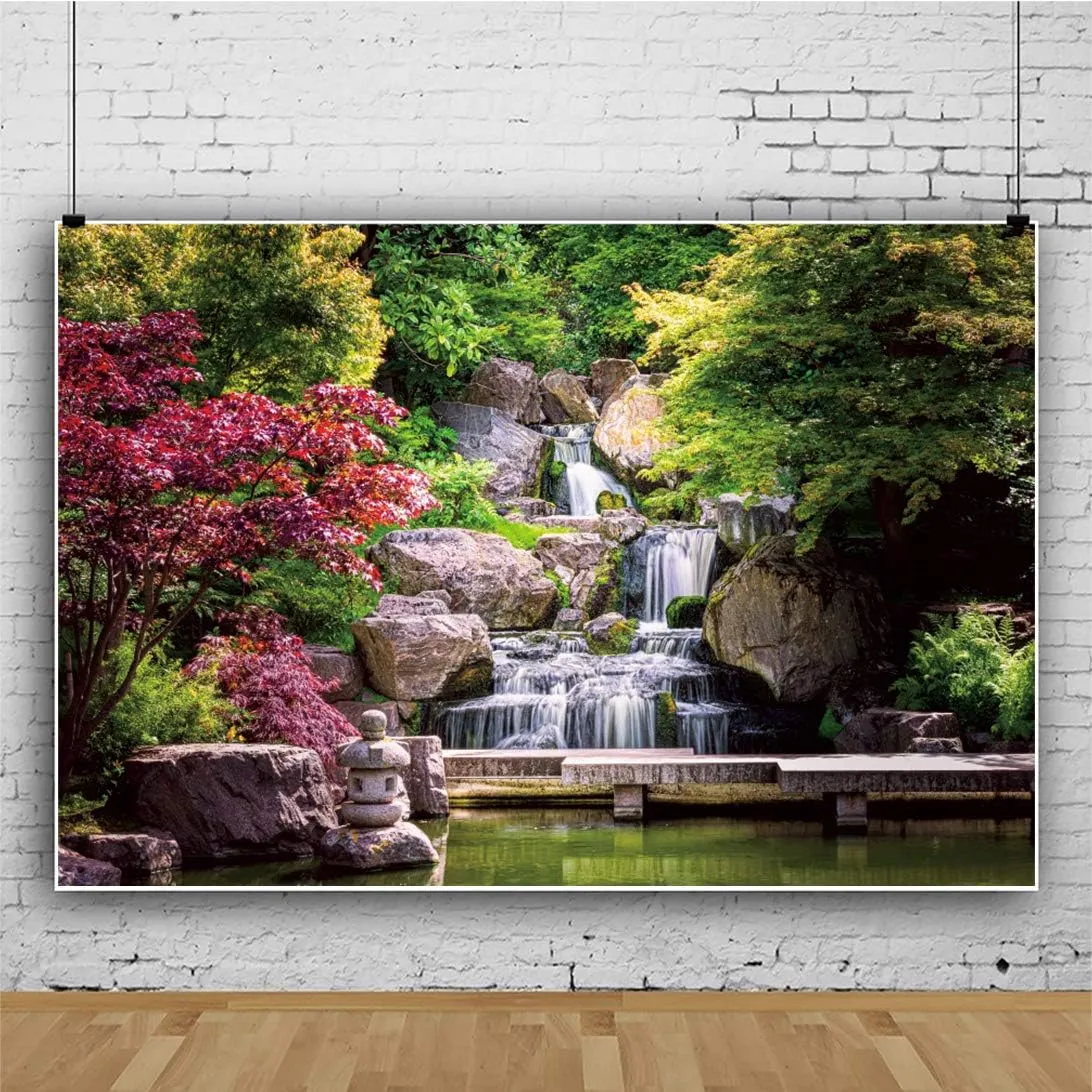 7x5ft Japan Garden Landscape Backdrop Waterfall Backdrop Maple Trees Bridge Kyoto Garden Travel Scenery Photography Background Japanese Backdrops for Photoshoot