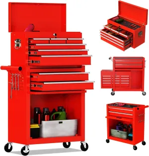 8-Drawer High Capacity Rolling Tool Chest, Removable Cabinet Storage Tool Box with Wheels and Drawers, Detachable Toolbox with Lock for Workshop Mechanics Garage (8-Drawer, Red)