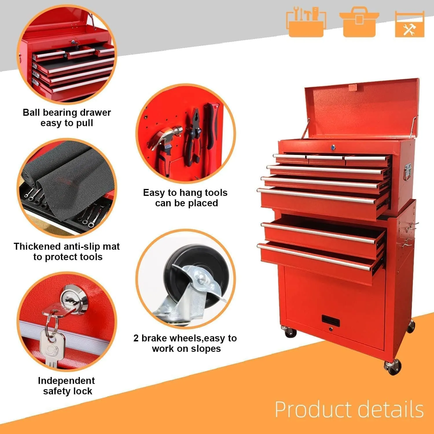 8-Drawer High Capacity Rolling Tool Chest, Removable Cabinet Storage Tool Box with Wheels and Drawers, Detachable Toolbox with Lock for Workshop Mechanics Garage (8-Drawer, Red)