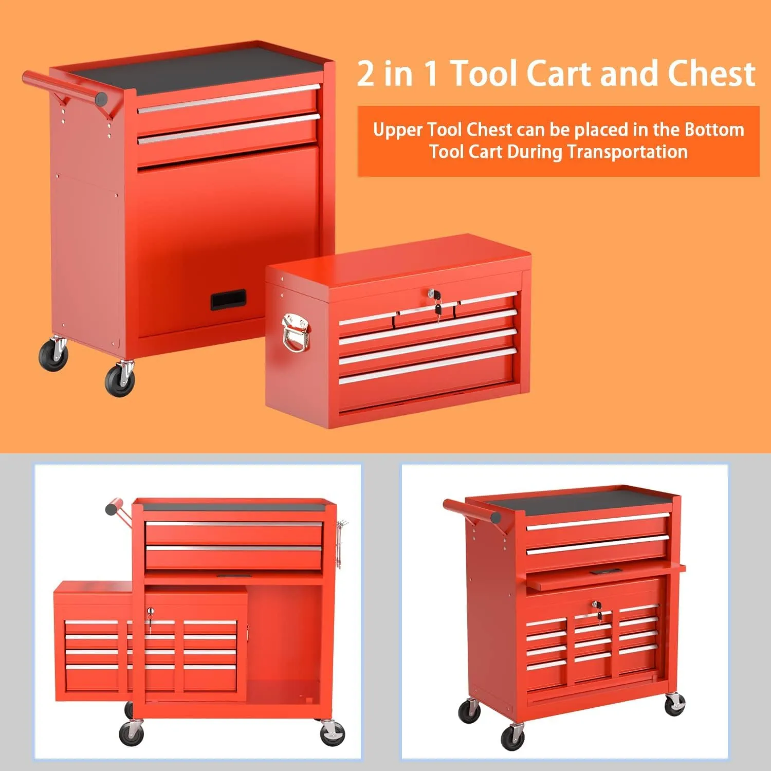 8-Drawer High Capacity Rolling Tool Chest, Removable Cabinet Storage Tool Box with Wheels and Drawers, Detachable Toolbox with Lock for Workshop Mechanics Garage (8-Drawer, Red)