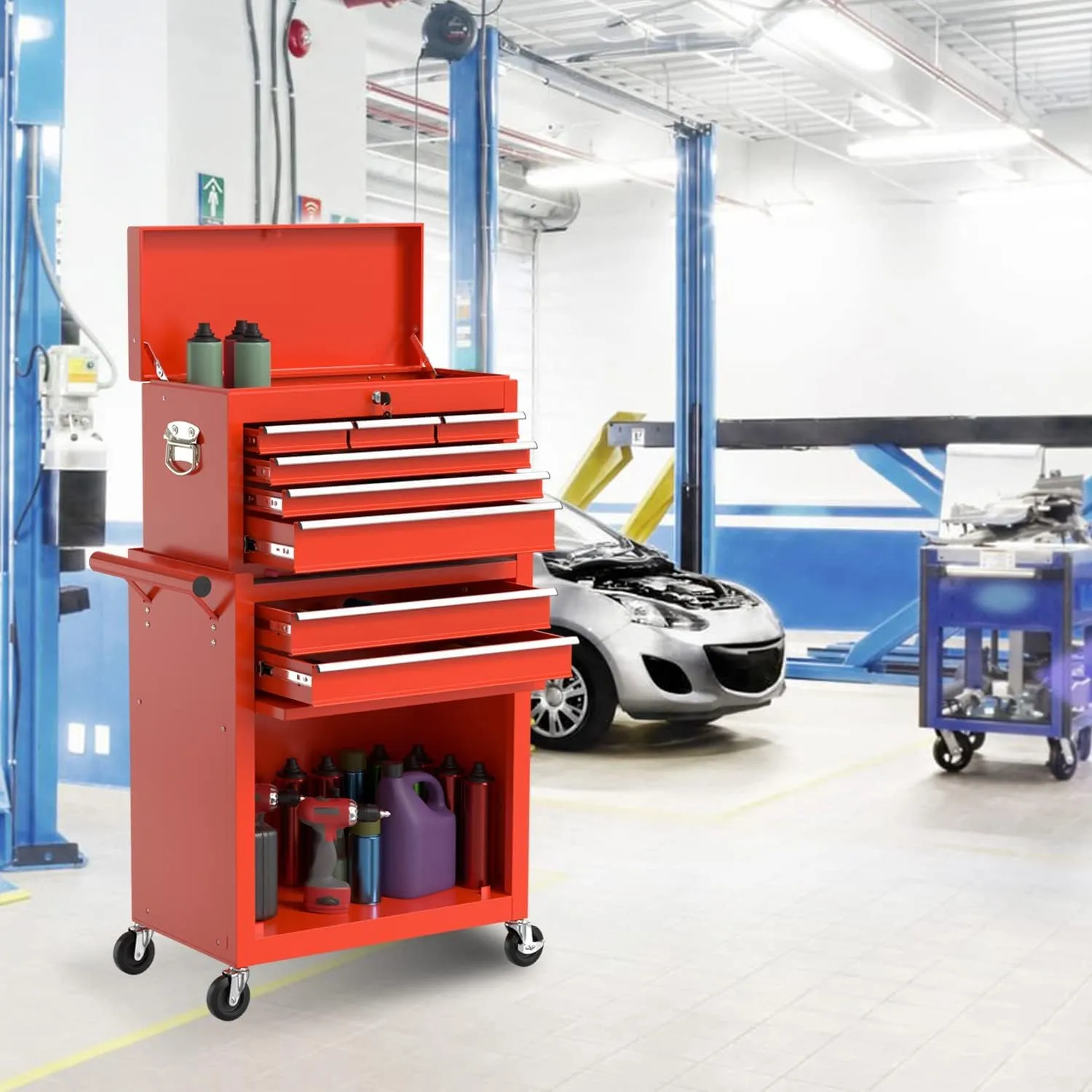 8-Drawer High Capacity Rolling Tool Chest, Removable Cabinet Storage Tool Box with Wheels and Drawers, Detachable Toolbox with Lock for Workshop Mechanics Garage (8-Drawer, Red)