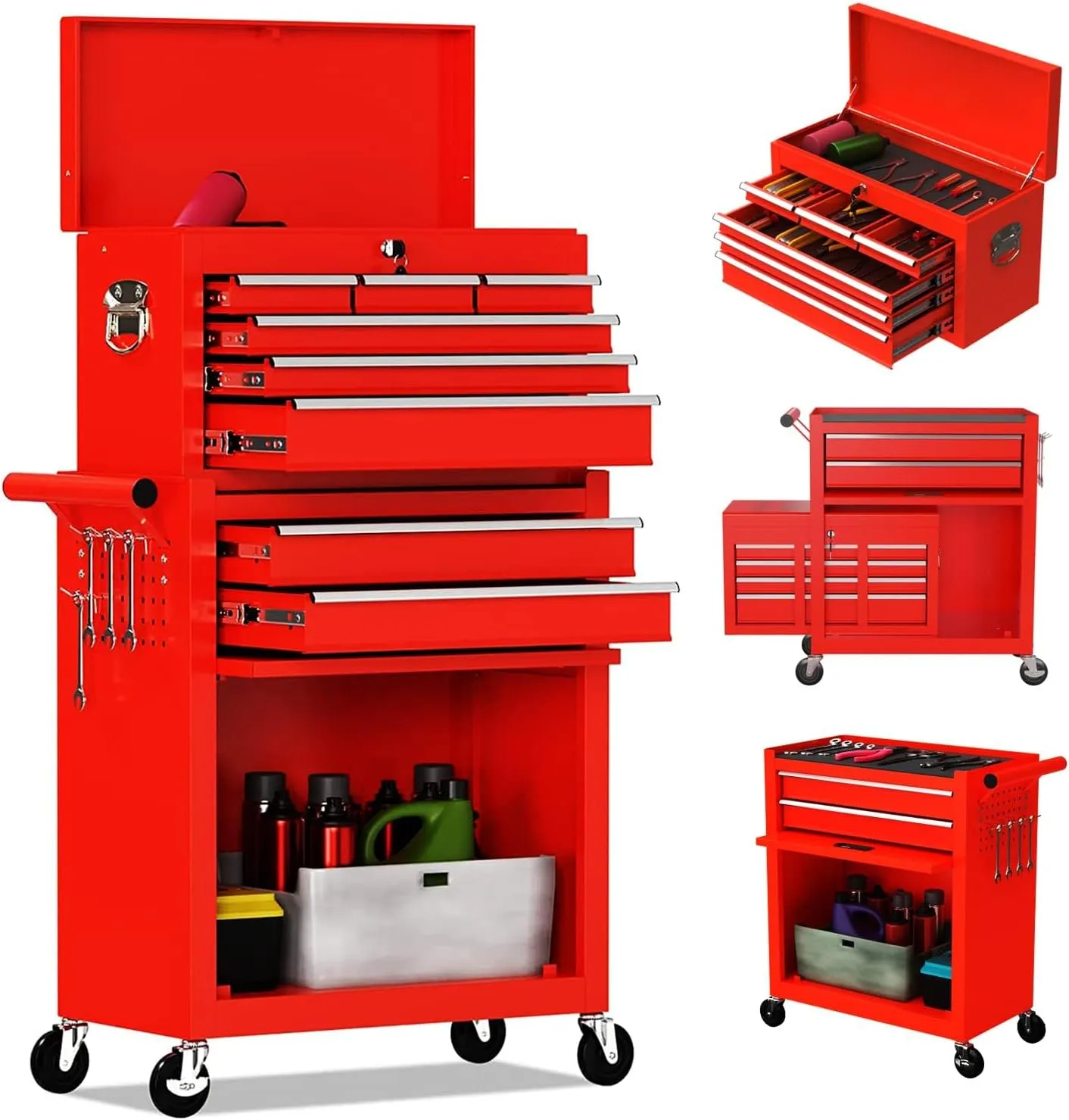8-Drawer High Capacity Rolling Tool Chest, Removable Cabinet Storage Tool Box with Wheels and Drawers, Detachable Toolbox with Lock for Workshop Mechanics Garage (8-Drawer, Red)