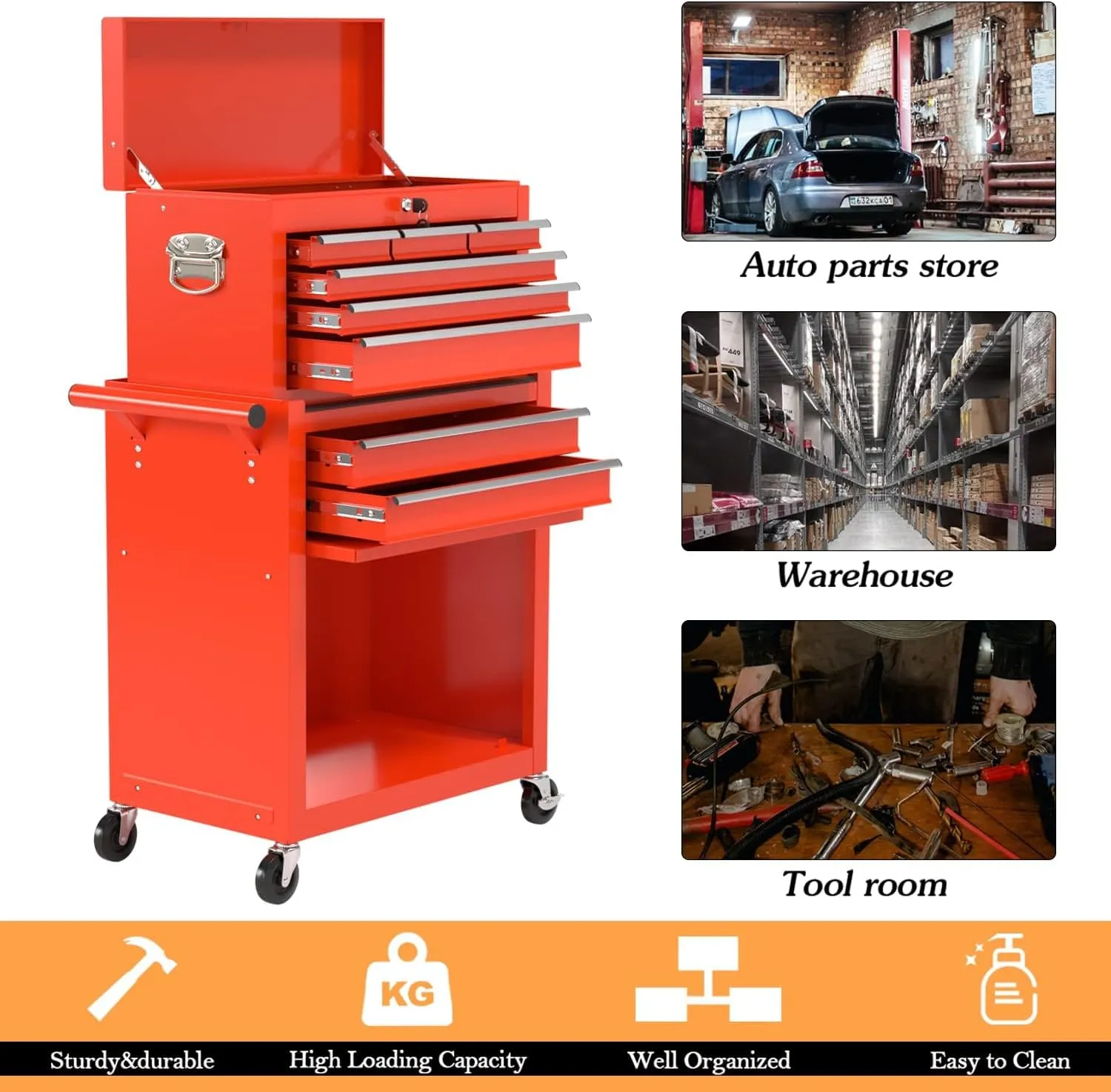 8-Drawer High Capacity Rolling Tool Chest, Removable Cabinet Storage Tool Box with Wheels and Drawers, Detachable Toolbox with Lock for Workshop Mechanics Garage (8-Drawer, Red)