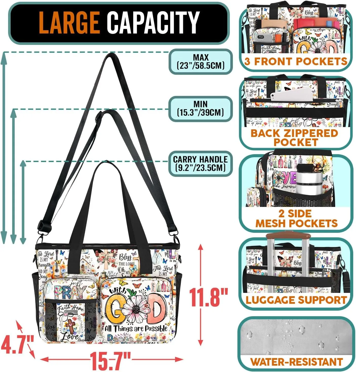 84hoods Large Waterproof Work Bag. Shoulder Bag for Work. God Jesus Christian Faith Religious Gift.