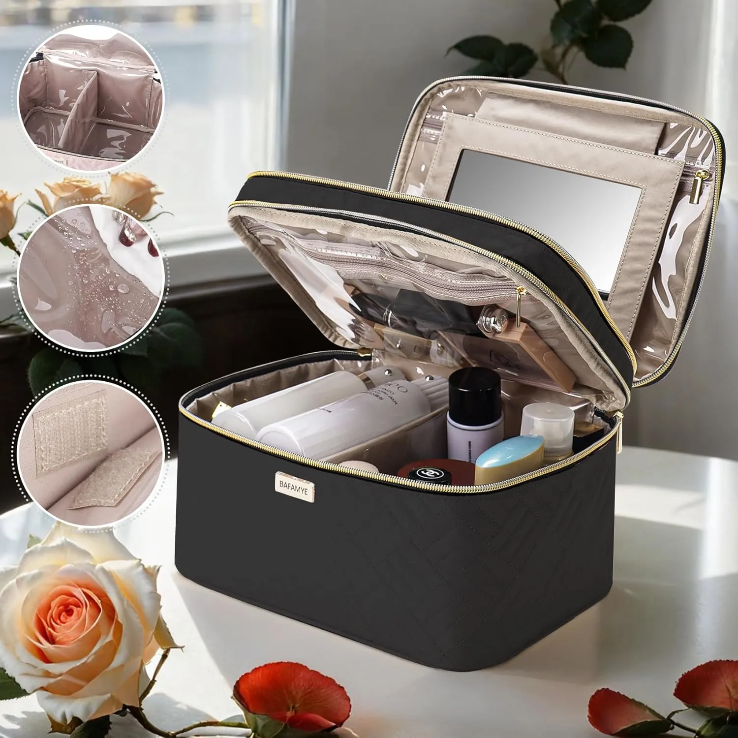 8.8L Double Layer Travel Makeup Bag With Mirror For Women, Large Cosmetic Case, Organizer for Travel-Size Accessories Bottles, Brushes,and Skin Care Products, 2.33 GAL, Black