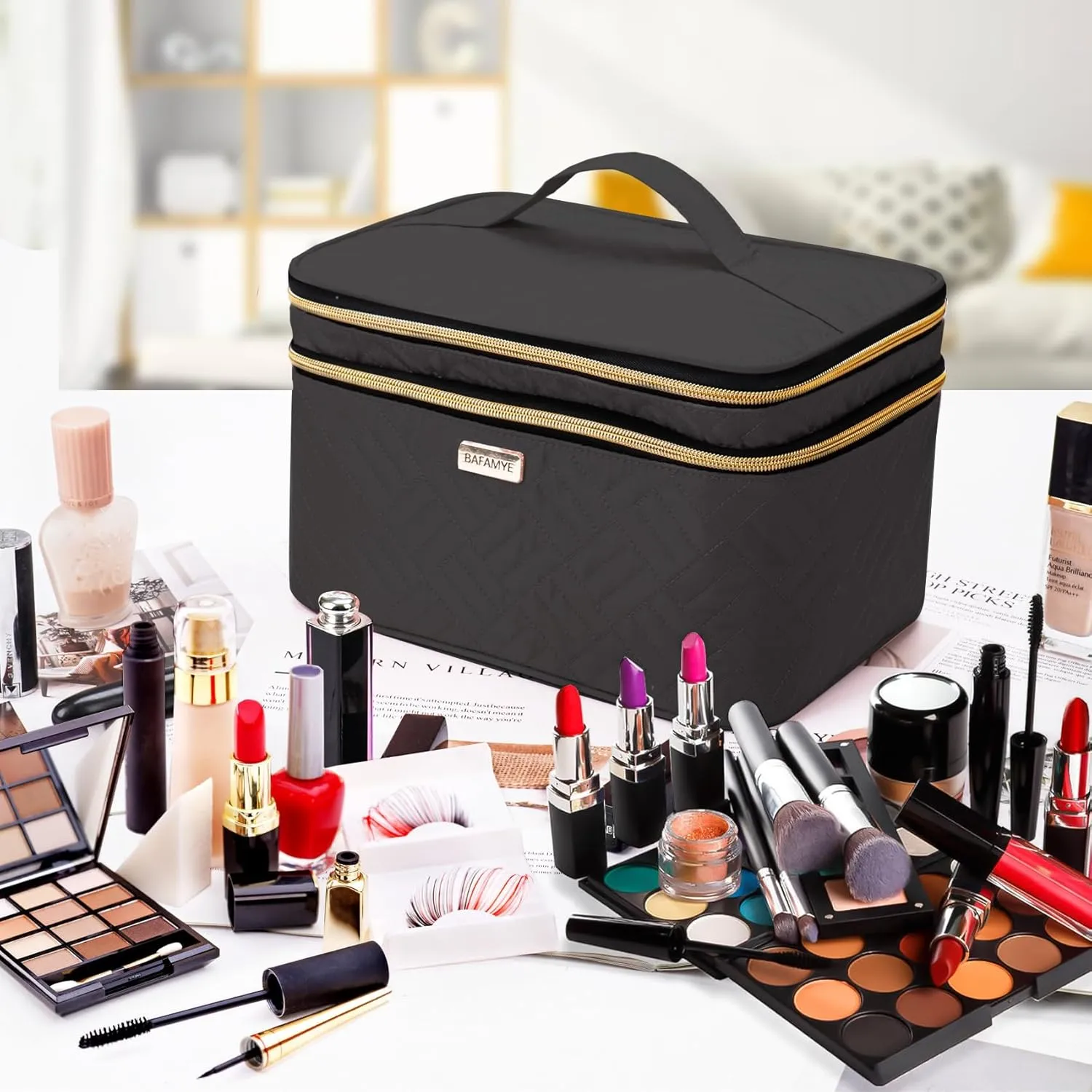 8.8L Double Layer Travel Makeup Bag With Mirror For Women, Large Cosmetic Case, Organizer for Travel-Size Accessories Bottles, Brushes,and Skin Care Products, 2.33 GAL, Black
