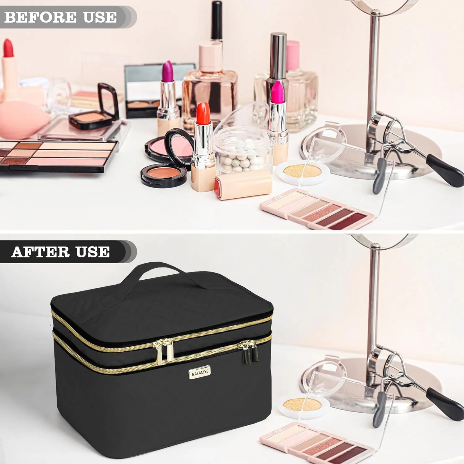 8.8L Double Layer Travel Makeup Bag With Mirror For Women, Large Cosmetic Case, Organizer for Travel-Size Accessories Bottles, Brushes,and Skin Care Products, 2.33 GAL, Black