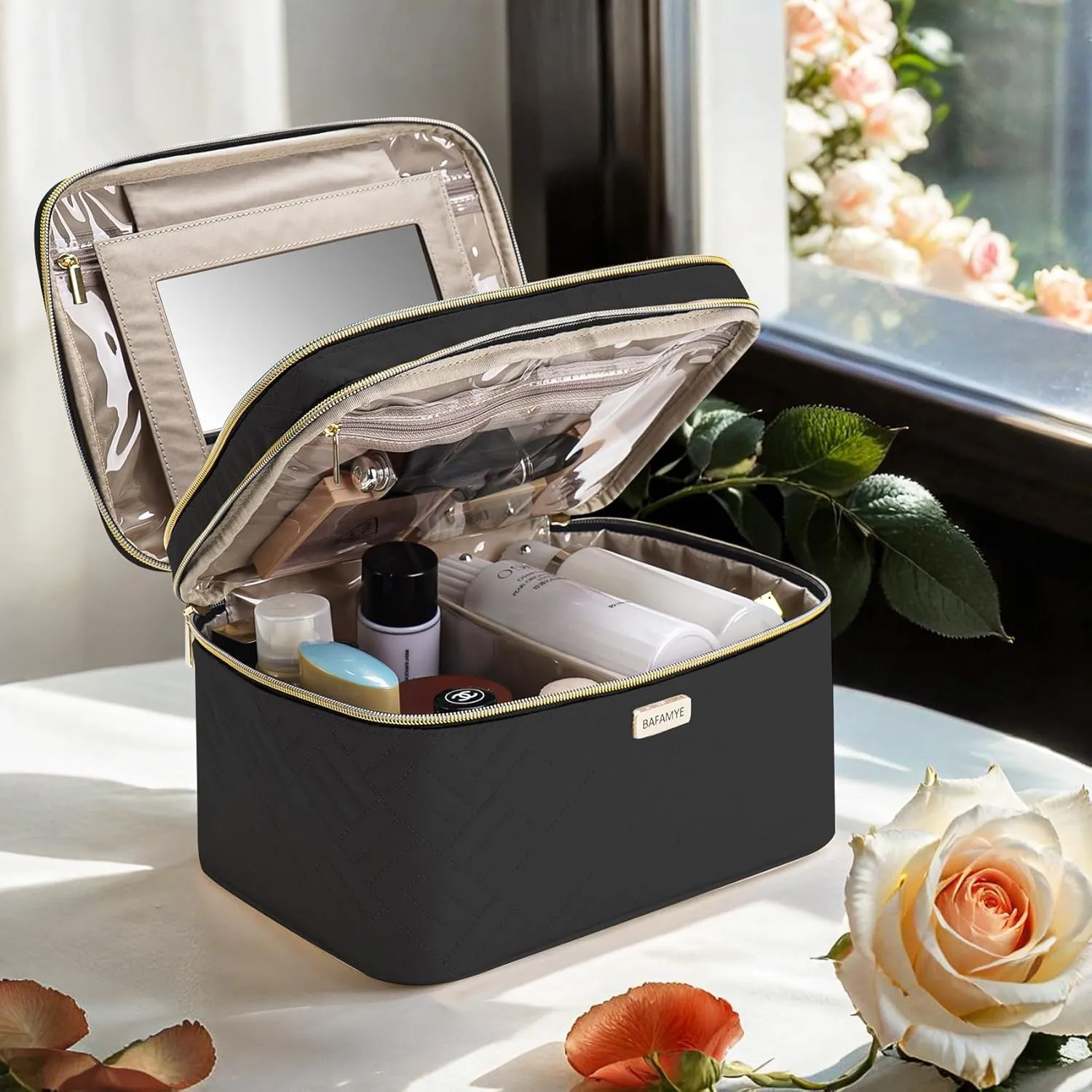 8.8L Double Layer Travel Makeup Bag With Mirror For Women, Large Cosmetic Case, Organizer for Travel-Size Accessories Bottles, Brushes,and Skin Care Products, 2.33 GAL, Black