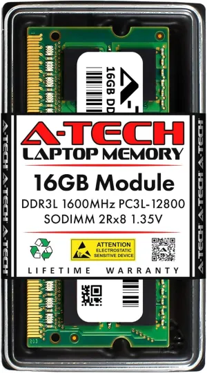 A-Tech 16GB RAM Replacement for CT204864BF160B | DDR3/DDR3L 1600MHz PC3L-12800 (PC3-12800) CL11 SODIMM 2Rx8 1.35V Non-ECC SO-DIMM 204-Pin Laptop, Notebook Memory Module