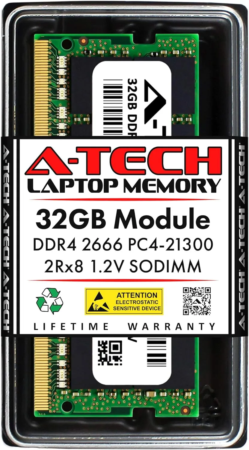 A-Tech 32GB DDR4 2666MHz PC4-21300 (PC4-2666V) CL19 SODIMM 2Rx8 1.2V 260-Pin Non-ECC SO-DIMM Laptop Notebook RAM Memory Module