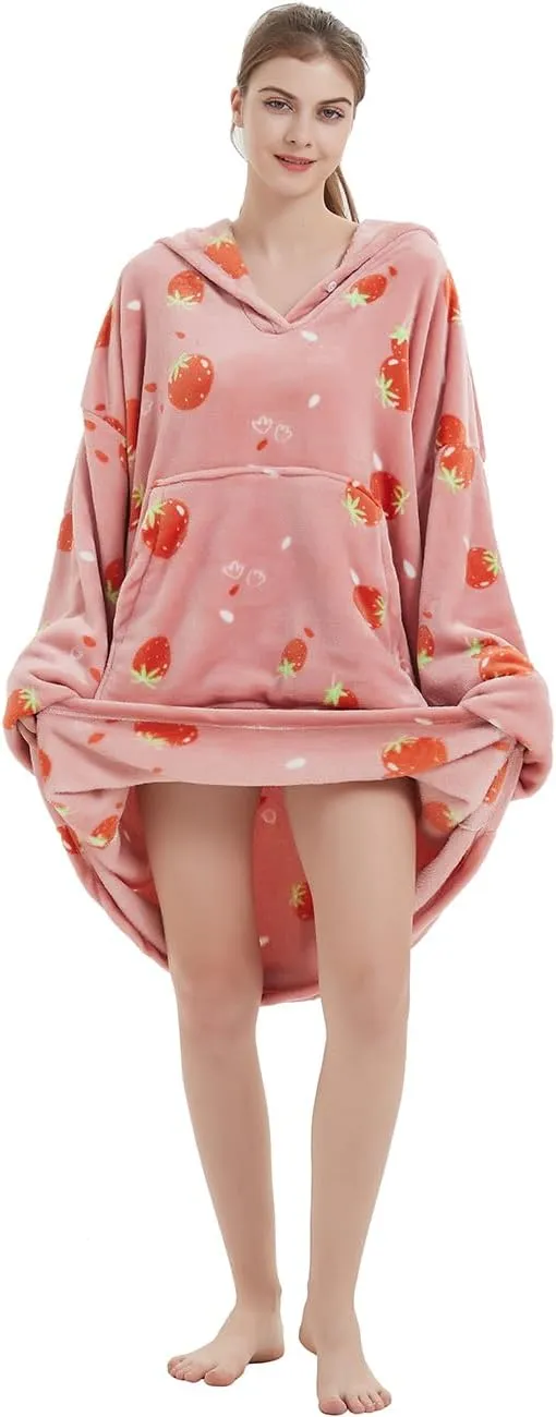 ABENCA Wearable Blanket Hoodie Adult Oversized Sweatshirt Light Flannel Sherpa, Warm and Cozy, One Size Fits All.Strawberry