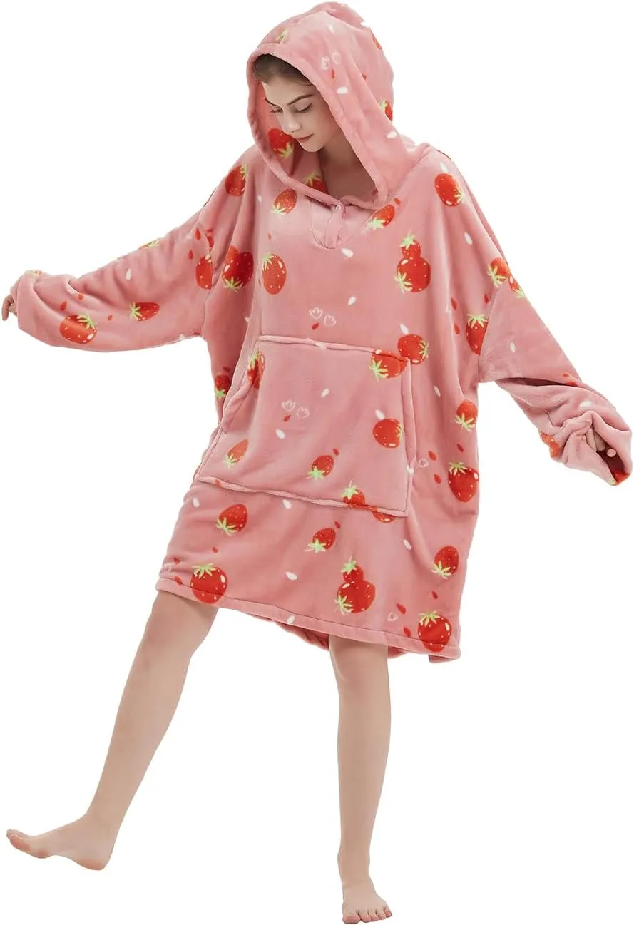 ABENCA Wearable Blanket Hoodie Adult Oversized Sweatshirt Light Flannel Sherpa, Warm and Cozy, One Size Fits All.Strawberry