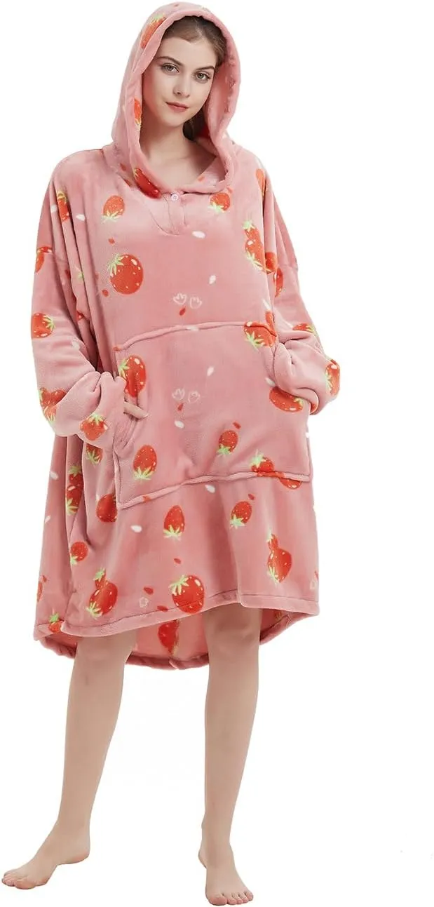 ABENCA Wearable Blanket Hoodie Adult Oversized Sweatshirt Light Flannel Sherpa, Warm and Cozy, One Size Fits All.Strawberry