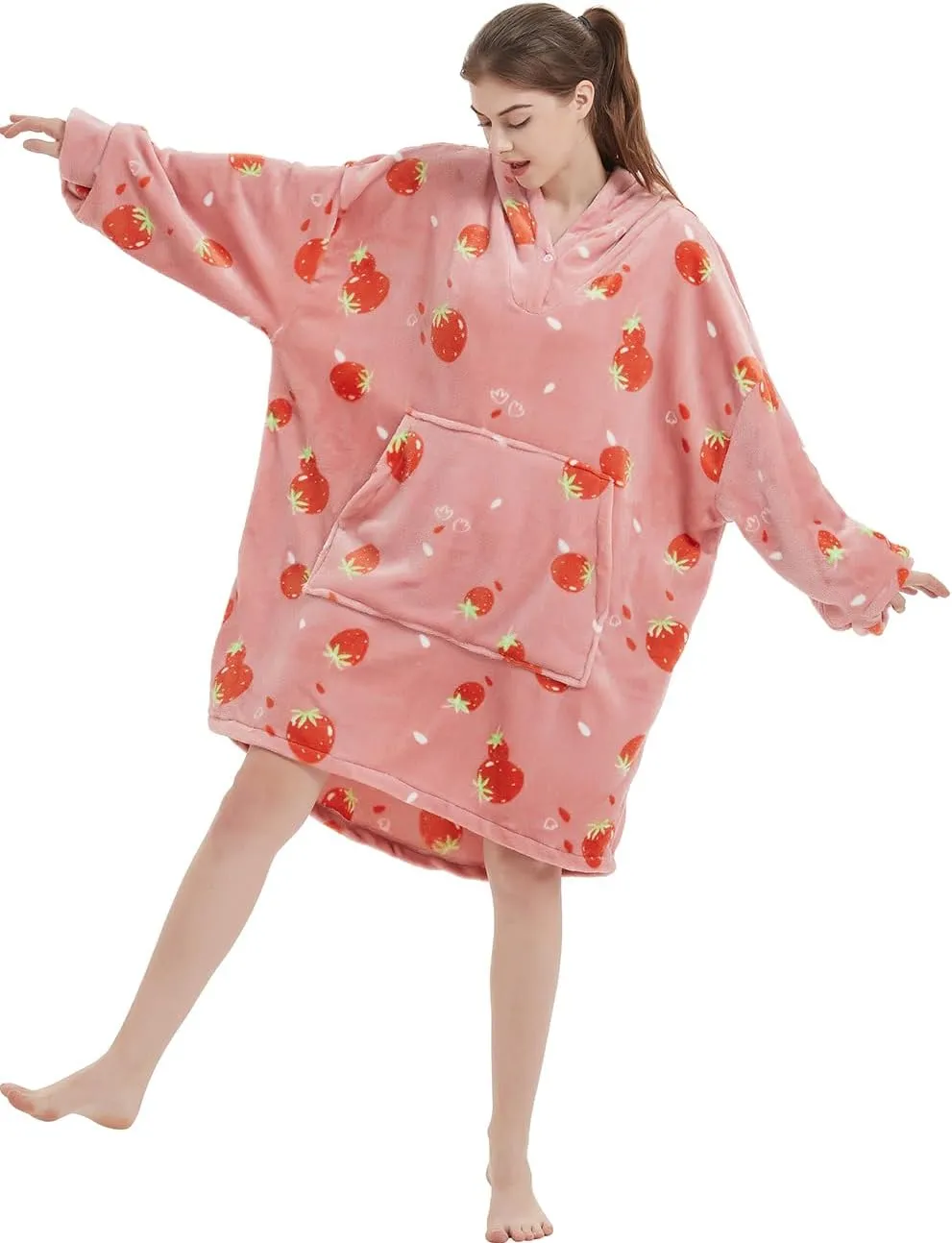 ABENCA Wearable Blanket Hoodie Adult Oversized Sweatshirt Light Flannel Sherpa, Warm and Cozy, One Size Fits All.Strawberry