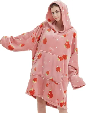 ABENCA Wearable Blanket Hoodie Adult Oversized Sweatshirt Light Flannel Sherpa, Warm and Cozy, One Size Fits All.Strawberry