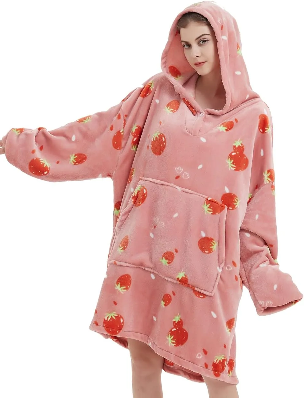 ABENCA Wearable Blanket Hoodie Adult Oversized Sweatshirt Light Flannel Sherpa, Warm and Cozy, One Size Fits All.Strawberry