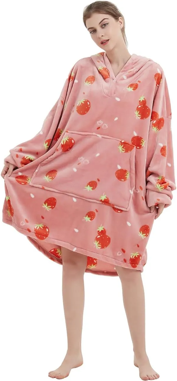 ABENCA Wearable Blanket Hoodie Adult Oversized Sweatshirt Light Flannel Sherpa, Warm and Cozy, One Size Fits All.Strawberry