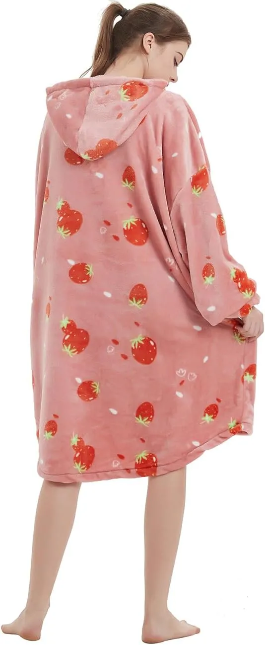ABENCA Wearable Blanket Hoodie Adult Oversized Sweatshirt Light Flannel Sherpa, Warm and Cozy, One Size Fits All.Strawberry